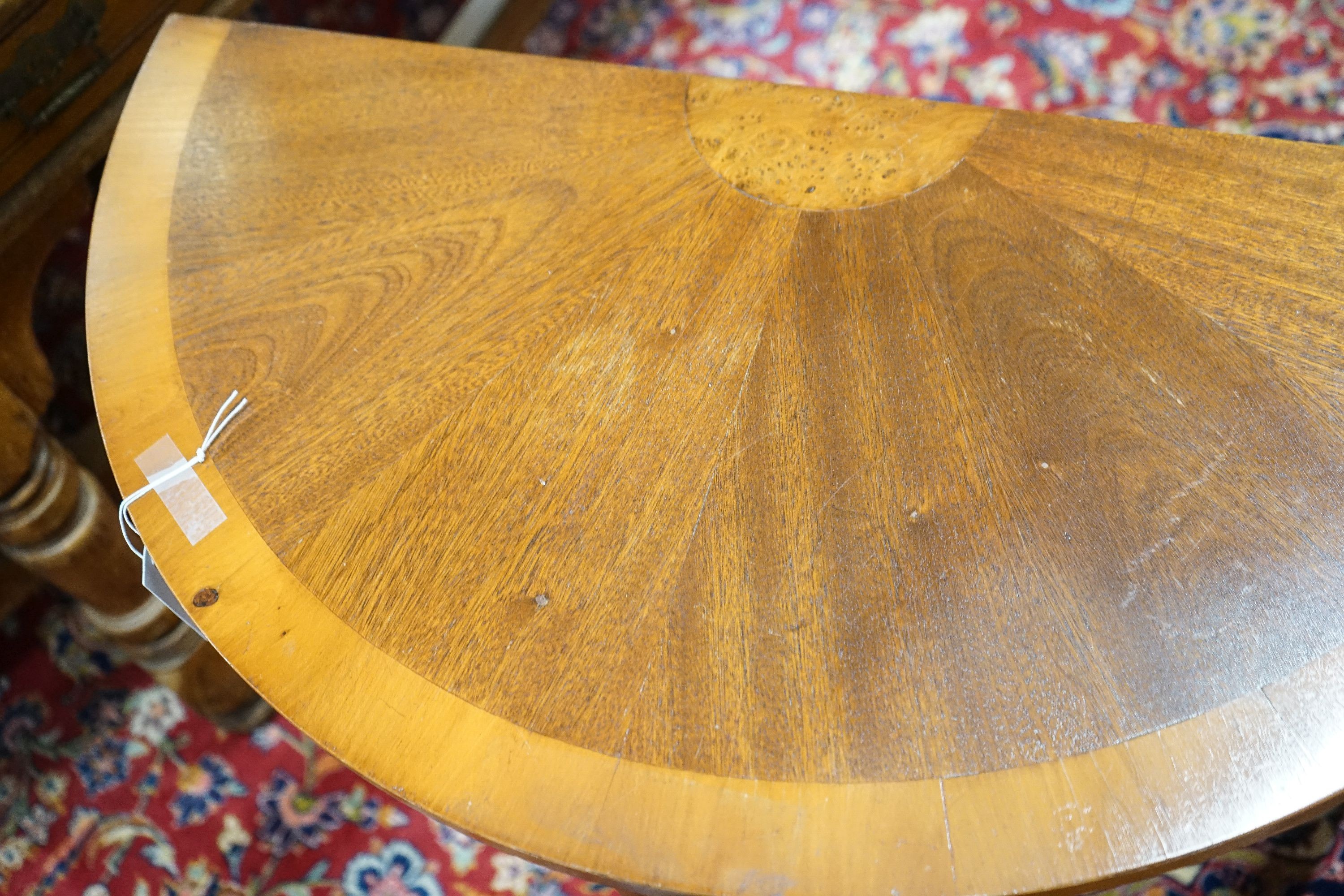 A reproduction inlaid mahogany 'D' shape side table, width 36cm, depth 38cm, height 76cm